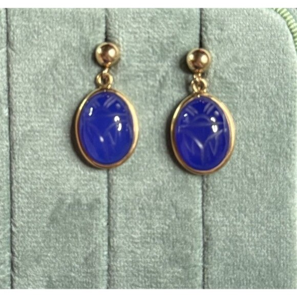 14K Gold Scarab Earrings Blue Onyx Or Lapis Screw-back Egyptian Dangle Unpierced